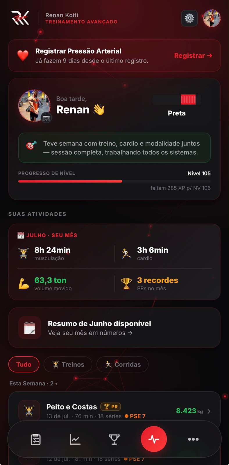 Histórico completo de treinos no app RKTeam