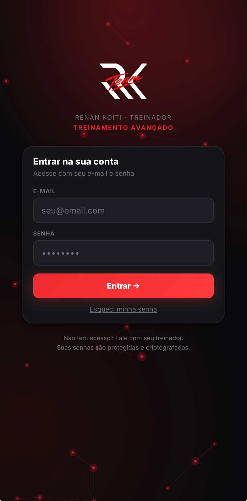 Tela de login da área de membros do app RKTeam