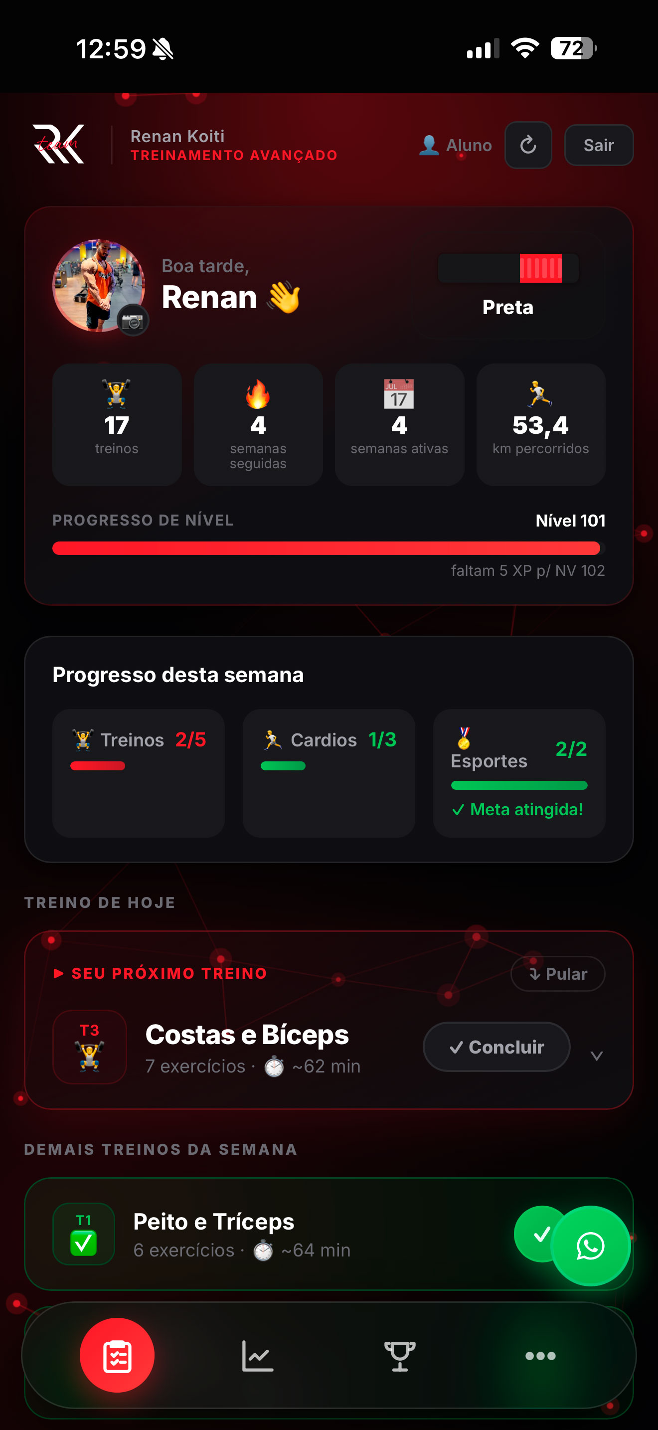 Seu Início — Meta semanal, treinos e seu nível.