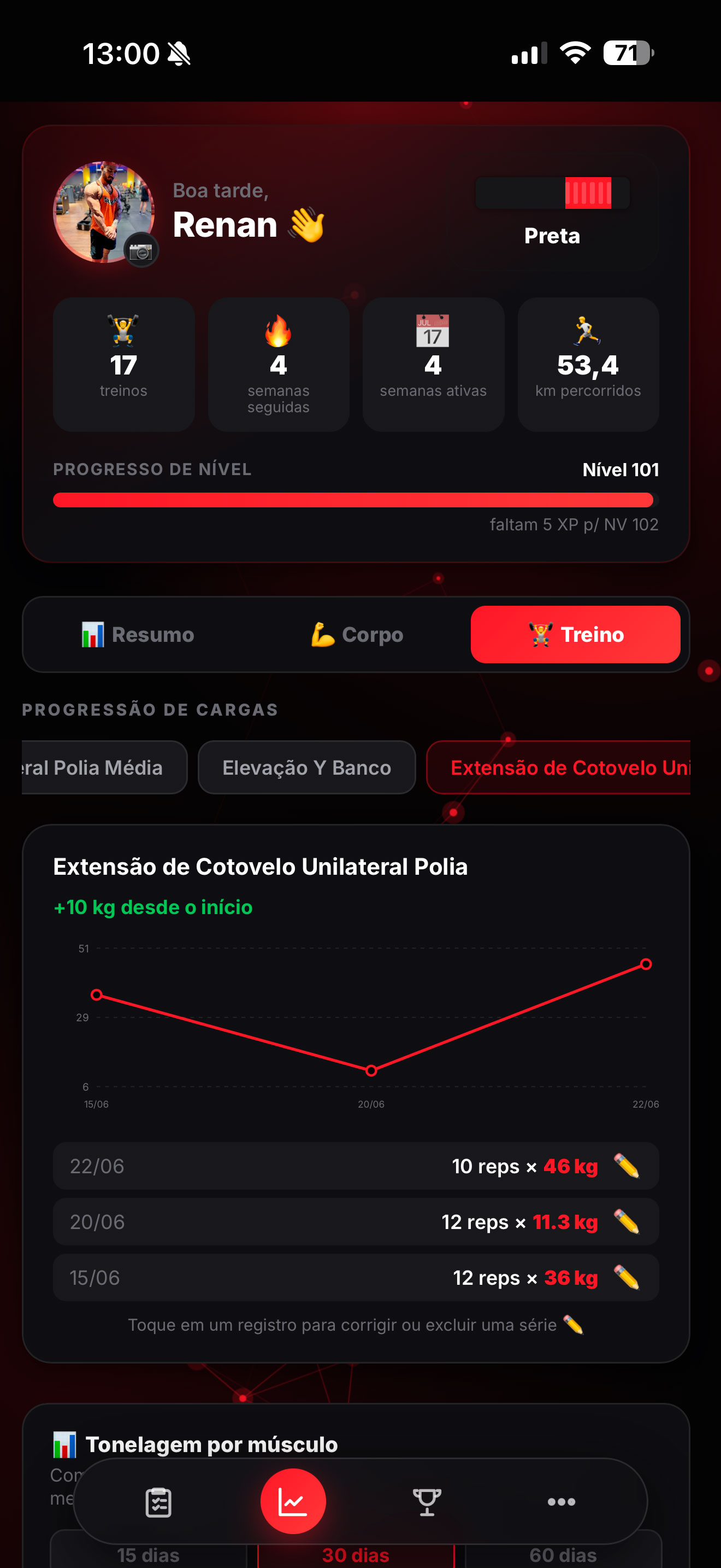 Evolução de Cargas — Veja sua progressão exercício a exercício.