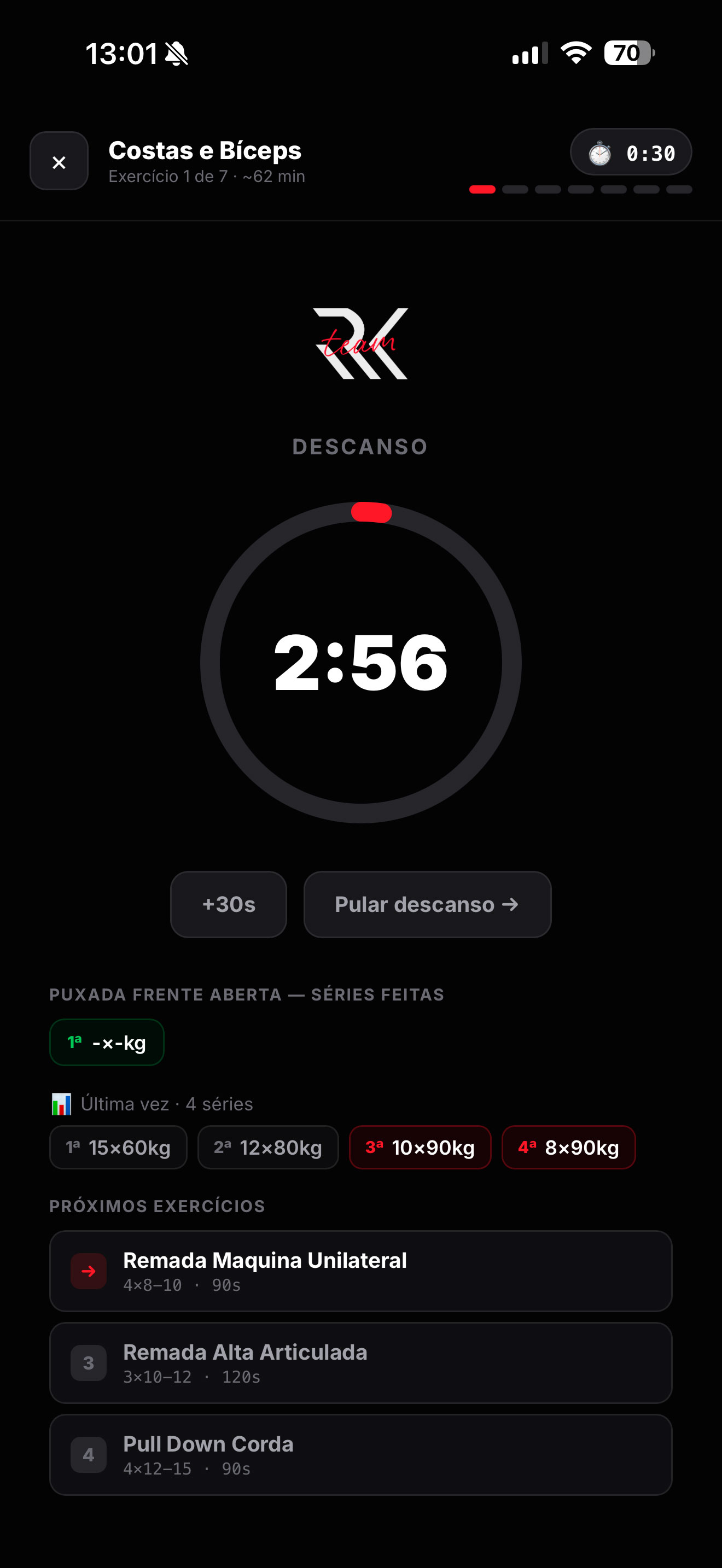Treino Guiado — Cronômetro, séries e próximos exercícios.